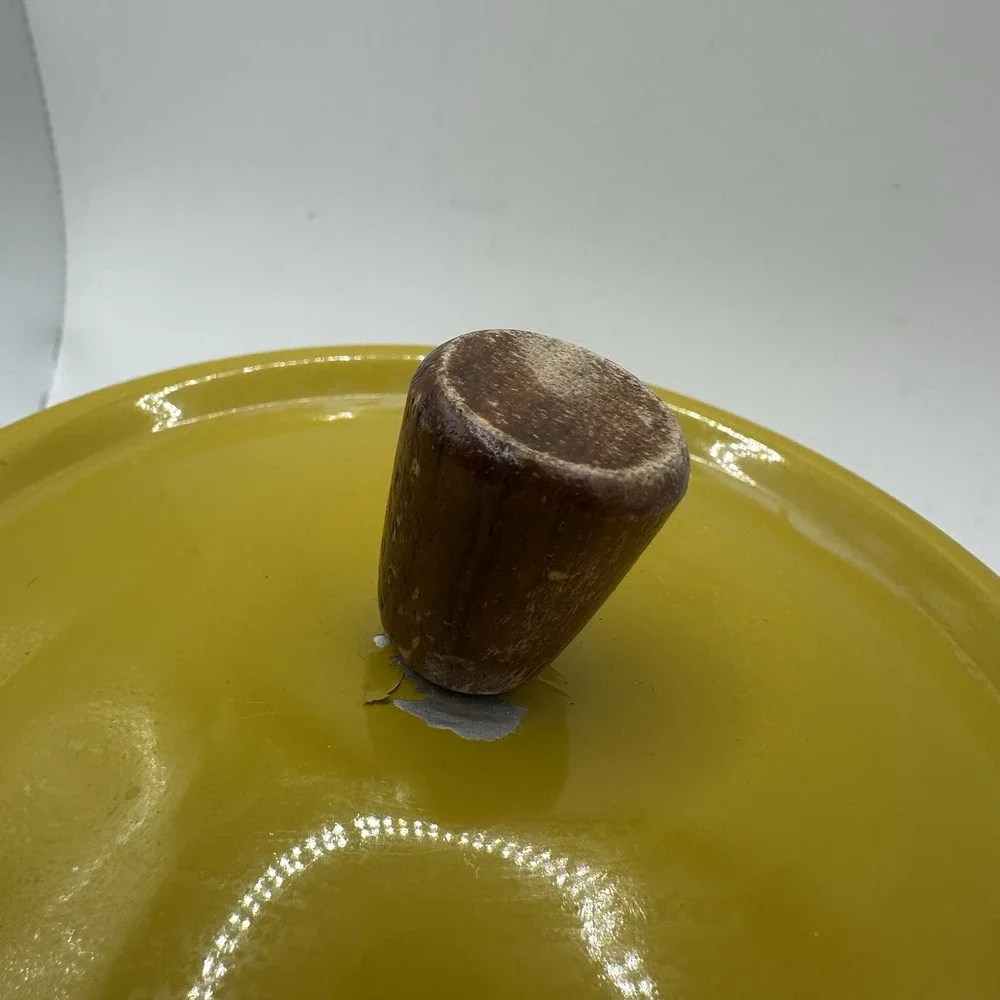 Vintage Enameled Metal Walnut Wood Handle Yellow Green Fondue Pot MCM